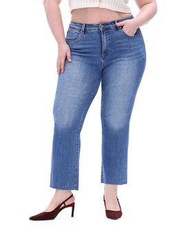 Bayeas Bayeas Plus Mid Rise Straight Leg with Raw Hem Denim Jeans in Medium Blue