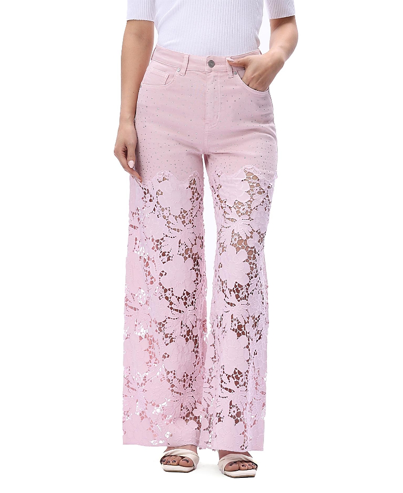 Bayeas Bayeas Ultra High Rise Lace Patchwork Wide Leg Denim Jeans in Lavender Pink