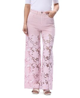Bayeas Bayeas Ultra High Rise Lace Patchwork Wide Leg Denim Jeans in Lavender Pink