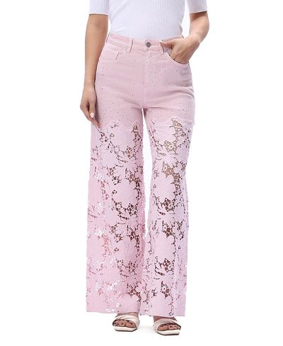 Bayeas Bayeas Ultra High Rise Lace Patchwork Wide Leg Denim Jeans in Lavender Pink