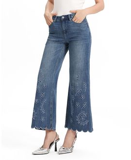 Bayeas Bayeas Vine Embroidered Mid Rise Flare Wavy Hem Denim Jeans in Nebula