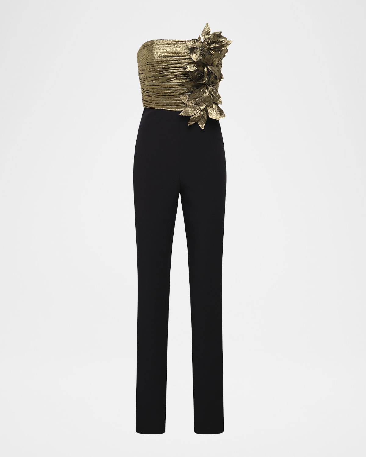 BCBGMAXAZRIA Metallic Lamé Flower Strapless Jumpsuit