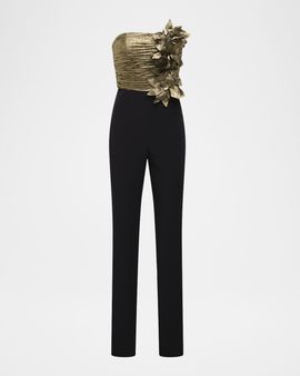 BCBGMAXAZRIA Metallic Lamé Flower Strapless Jumpsuit