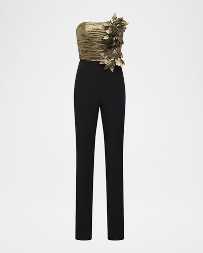 BCBGMAXAZRIA Metallic Lamé Flower Strapless Jumpsuit