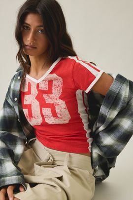 BDG BDG 33 Jersey Graphic V-Neck Baby Tee in Red, Women's at Urban Outfitters