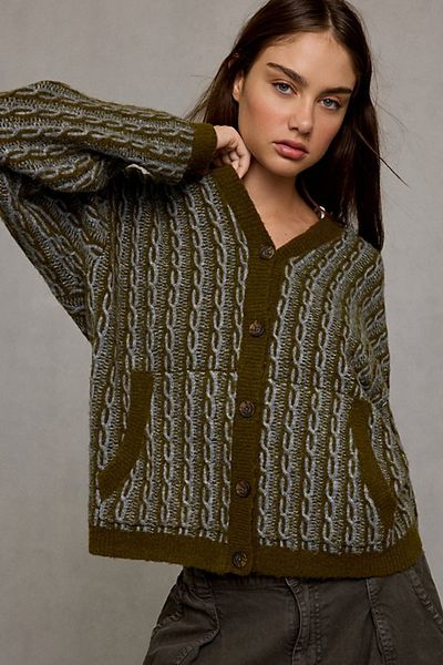 BDG BDG Anson Cable Knit Oversized Hooded Cardigan in Dark Green, Women's at Urban Outfitters