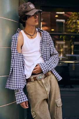 BDG BDG Baggy Flannel Long Sleeve Shirt in Beige, Men's at Urban Outfitters