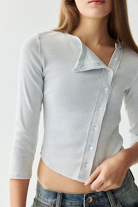 BDG BDG Bella Three Quarter Sleeve Asymmetric Button Front Cardigan in Pearl, Women's at Urban Outfitters