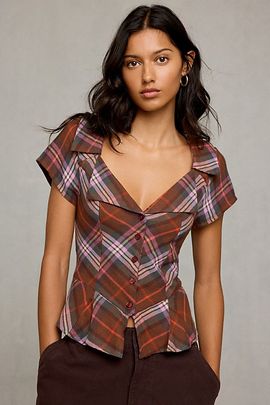 BDG BDG Bianca Peplum Short Sleeve Button-Down Shirt in Purple, Women's at Urban Outfitters