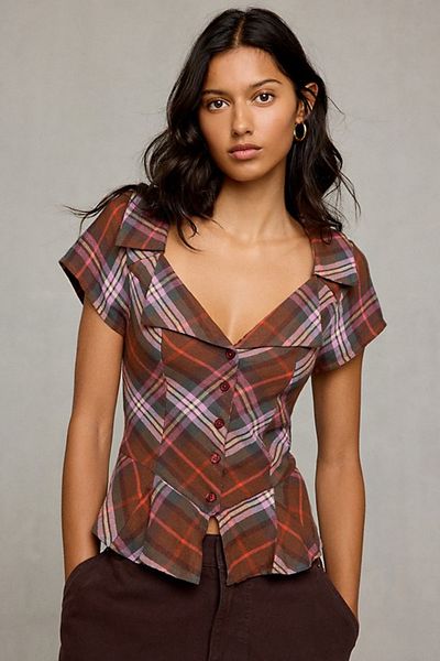 BDG BDG Bianca Peplum Short Sleeve Button-Down Shirt in Purple, Women's at Urban Outfitters