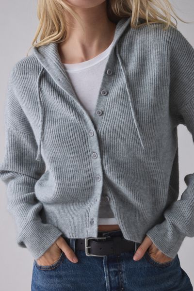 BDG Connie Ribbed Knit Hoodie Cardigan in Grey, Women's at Urban