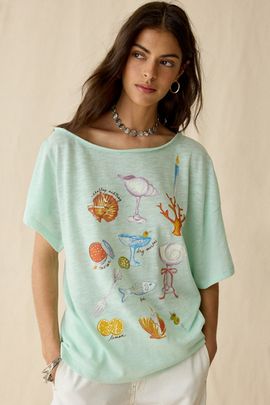 BDG BDG Courtney Graphic Off-The-Shoulder Oversized Tee in Turquoise, Women's at Urban Outfitters