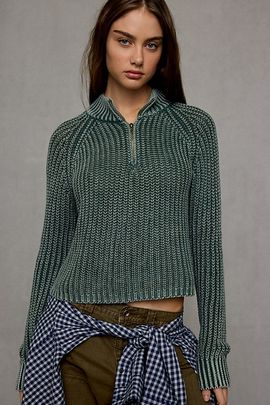 BDG BDG Dakota Mockneck Quarter Zip Pullover Sweater in Dark Green, Women's at Urban Outfitters