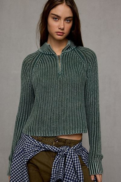 BDG BDG Dakota Mockneck Quarter Zip Pullover Sweater in Dark Green, Women's at Urban Outfitters