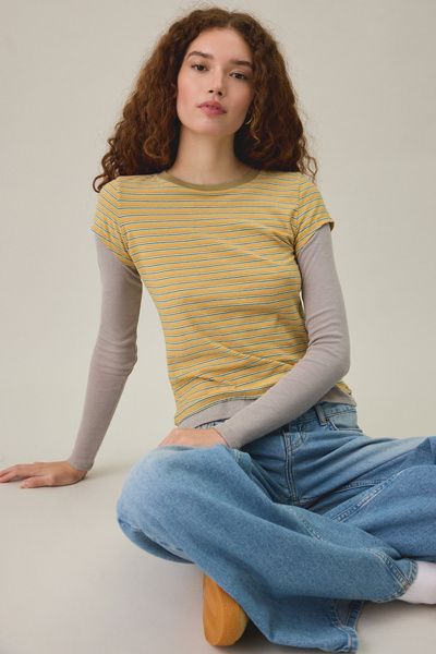 BDG BDG Double Layer Long Sleeve Spill The Tee in Yellow, Women's at Urban Outfitters