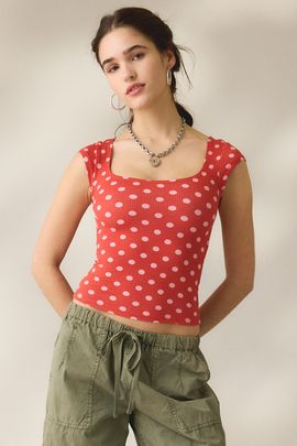BDG BDG Drew Cap Sleeve Square Neck Cropped Tee Top in Red berry, Women's at Urban Outfitters