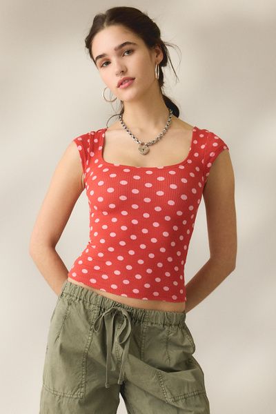 BDG BDG Drew Cap Sleeve Square Neck Cropped Tee Top in Red berry, Women's at Urban Outfitters