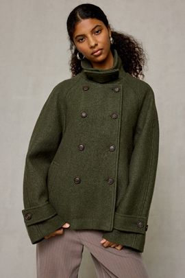 BDG BDG Drew Double-Breasted Wool Blend Funnel Neck Coat Jacket in Khaki, Women's at Urban Outfitters