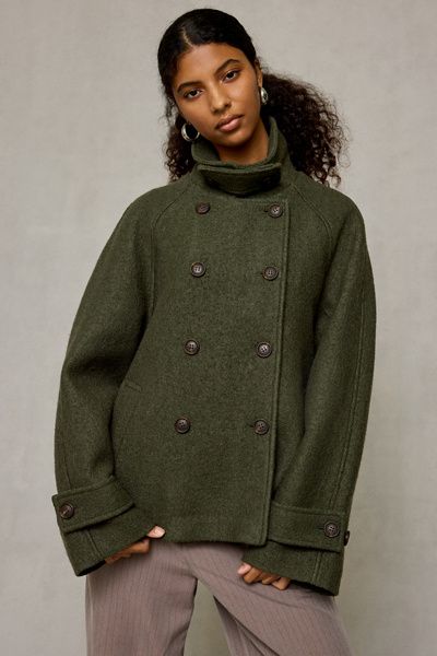 BDG BDG Drew Double-Breasted Wool Blend Funnel Neck Coat Jacket in Khaki, Women's at Urban Outfitters