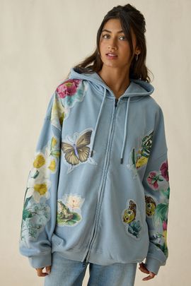 BDG BDG Dusty Blooming Butterflies Patchwork Graphic Oversized Zip-Up Hoodie Sweatshirt in Grey, Women's at Urban Outfitters