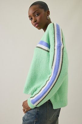 BDG BDG Eileen Multi-Color Stripe Oversized Crew Neck Sweater in White Stripe, Women's at Urban Outfitters