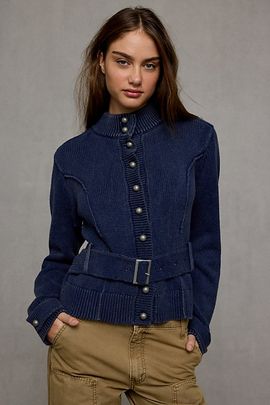 BDG BDG Emmy Ribbed Knit Belted Band Cardigan in Blue, Women's at Urban Outfitters