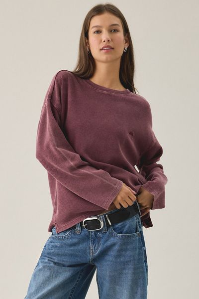 BDG BDG Felix Waffle Knit Cotton Long Sleeve Tee in Maroon, Women's at Urban Outfitters