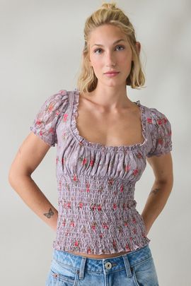 BDG BDG Flora Lace Smocked Square Neck Milkmaid Blouse in Floral, Women's at Urban Outfitters