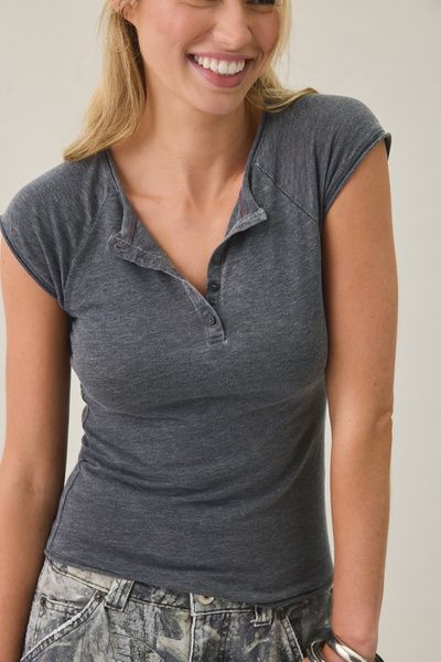 BDG BDG Ivy Raglan Short Sleeve Henley Tee in Black, Women's at Urban Outfitters