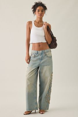 BDG BDG Jaya Frayed Applique Baggy Boyfriend Jeans in Medium Blue, Women's at Urban Outfitters