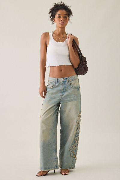BDG BDG Jaya Frayed Applique Baggy Boyfriend Jeans in Medium Blue, Women's at Urban Outfitters