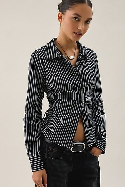 BDG BDG Joanna Tailored Side-Tie Button-Down Shirt in Black, Women's at Urban Outfitters