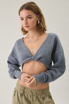 BDG BDG Julia Twist Plunging V-Neck Cropped Sweater in Grey, Women's at Urban Outfitters