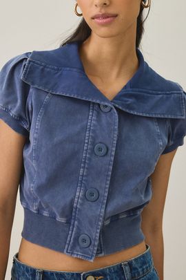 BDG BDG Library Flirt Knit Short Sleeve Button-Down Top in Dark Grey, Women's at Urban Outfitters