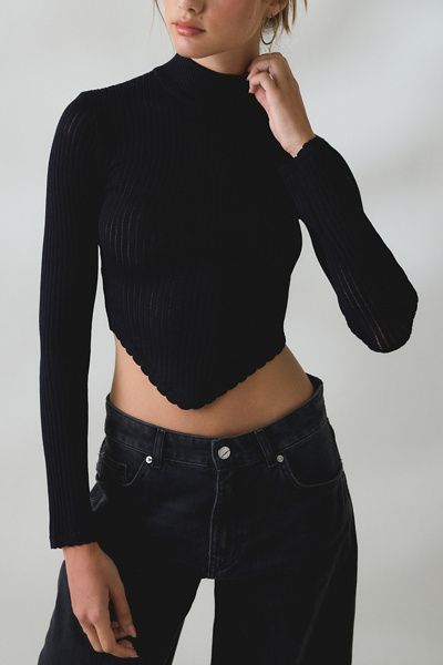 BDG BDG Lizzy V-Hem Cropped Fitted Turtleneck Sweater in Black, Women's at Urban Outfitters