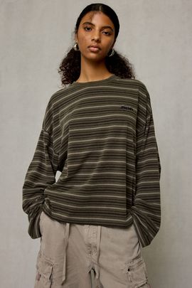 BDG BDG Luca Striped Oversized Long Sleeve Tee in Olive, Women's at Urban Outfitters