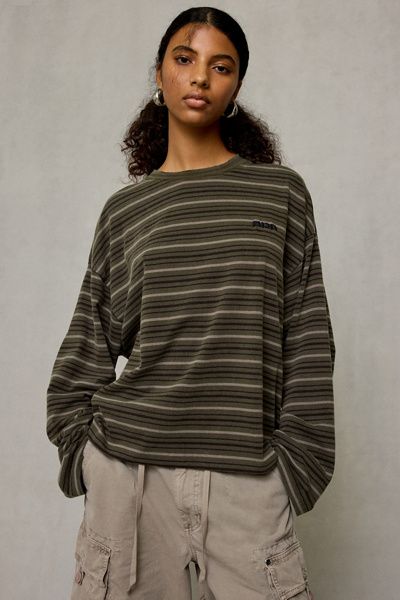 BDG BDG Luca Striped Oversized Long Sleeve Tee in Olive, Women's at Urban Outfitters