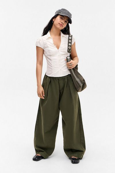 BDG BDG Nadine Ruched Cap Sleeve Button-Down Shirt in White, Women's at Urban Outfitters