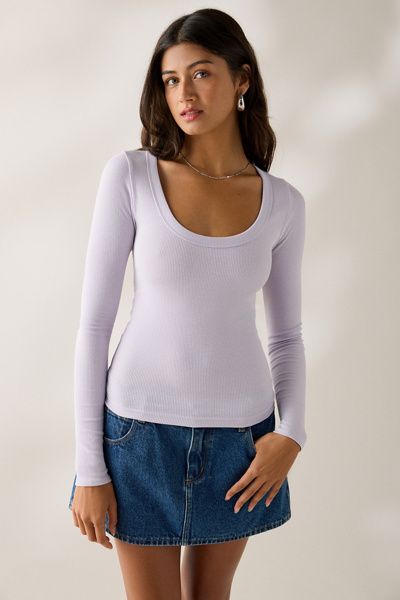 BDG BDG Off-Duty Ribbed Scoop Neck Long Sleeve Tee in Mulberry, Women's at Urban Outfitters