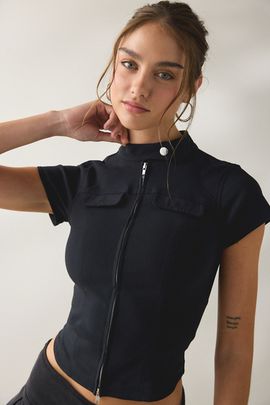 BDG BDG Polly Zip-Front Slim Short Sleeve Shirt Jacket Top in Black, Women's at Urban Outfitters