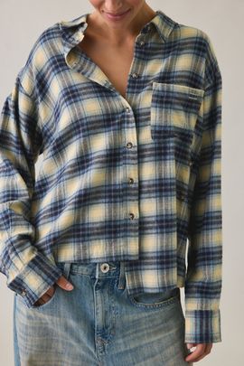BDG BDG Riley Oversized Flannel Button-Down Shirt in Blue, Women's at Urban Outfitters