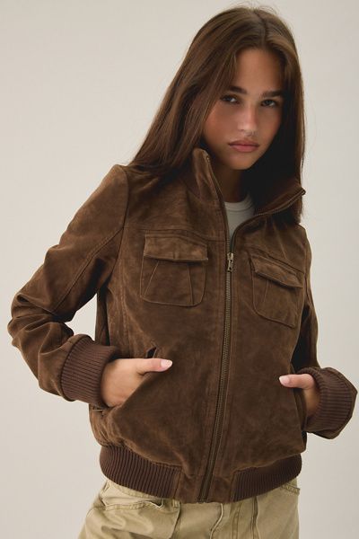 BDG BDG Romy Faux Suede Bomber Jacket in Brown, Women's at Urban Outfitters