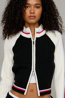 BDG BDG Ruby Ribbed Knit Mockneck Zip-Up Cardigan in Red, Women's at Urban Outfitters