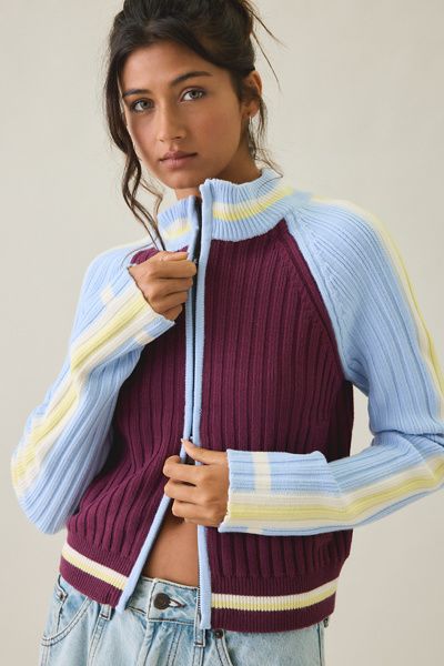 BDG BDG Ruby Ribbed Knit Mockneck Zip-Up Cardigan in Red, Women's at Urban Outfitters