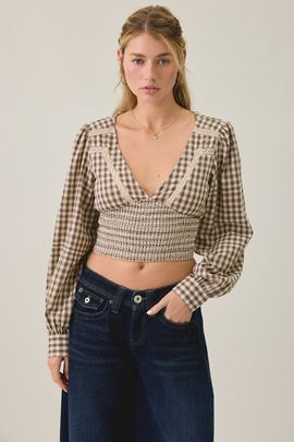 BDG BDG Sally Cropped V-Neck Long Sleeve Smocked Blouse in Neutral, Women's at Urban Outfitters