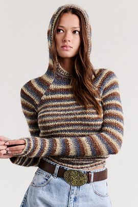 BDG BDG Sammi Spacedye Stripe Slim Hooded Sweater in Brown, Women's at Urban Outfitters