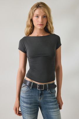 BDG BDG Seb Cap Sleeve Boatneck Tee in Black, Women's at Urban Outfitters
