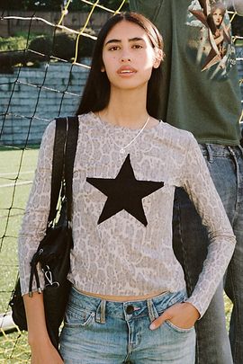 BDG BDG Star Graphic Printed Long Sleeve Spill The Tee in Leopard Print, Women's at Urban Outfitters