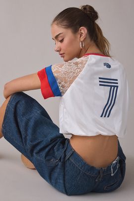 BDG BDG Striker Lace Trim Cropped Jersey Tee in Cream, Women's at Urban Outfitters