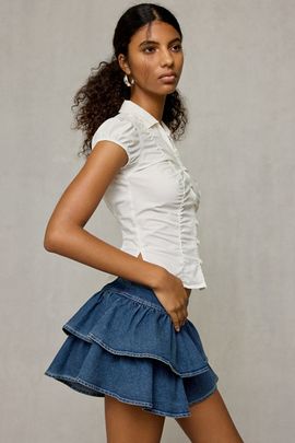 BDG BDG Sweet Talker Tiered Ruffle Denim Mini Skirt in Blue, Women's at Urban Outfitters